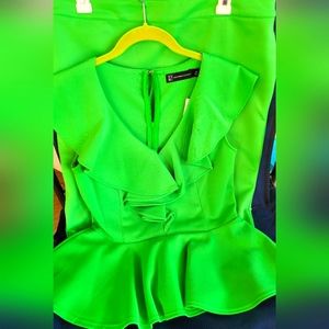2PC Neon Green Peplum Top & Pencil Skirt